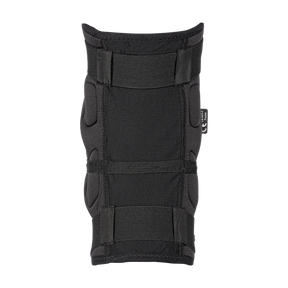 The O'NEAL DIRT knee protector in black, with adjustable straps and side padding with label on the right side, is shown against a plain black background.