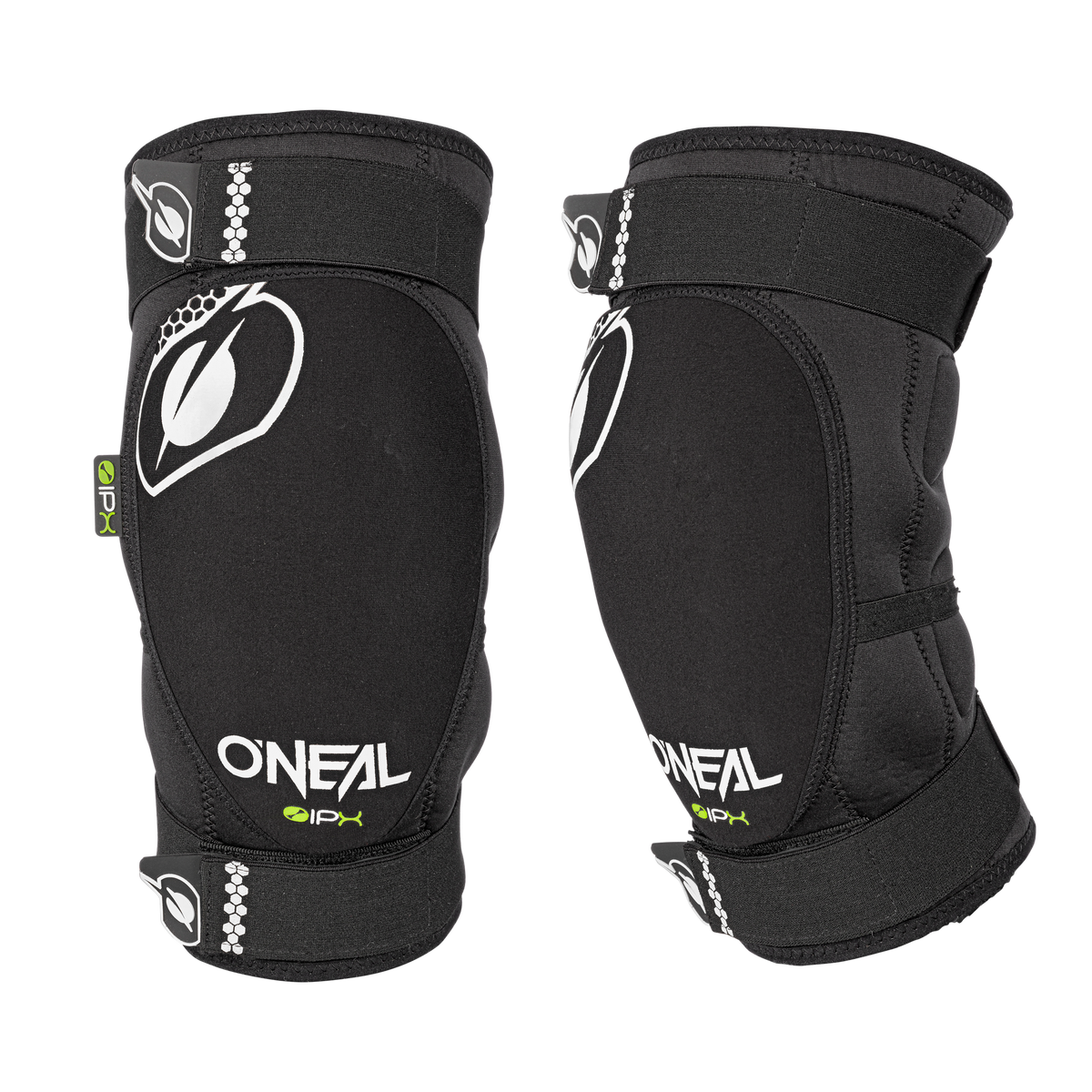 Ein Paar schwarzer O'NEAL DIRT Knieschützer mit weißen Logos und Text, entwickelt für den Sportschutz, gezeigt von vorne und von der Seite vor einem einfarbigen Hintergrund.