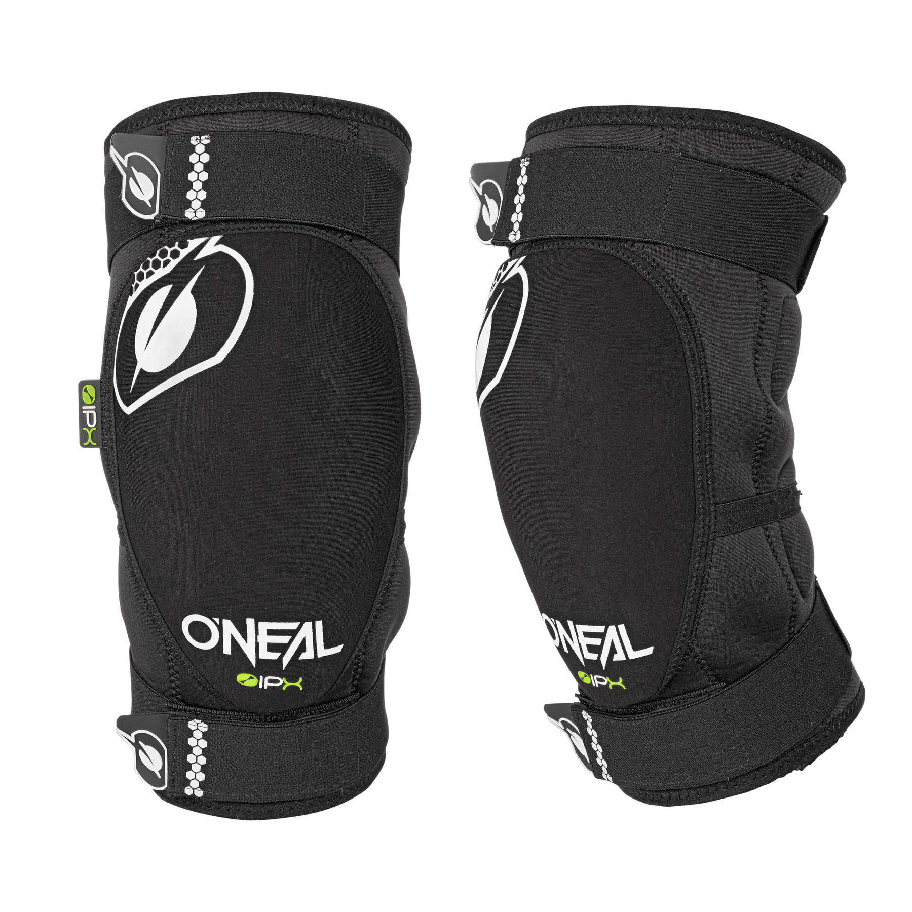 Ein Paar schwarzer O'NEAL DIRT Knieschützer mit weißen Logos und Text, entwickelt für den Sportschutz, gezeigt von vorne und von der Seite vor einem einfarbigen Hintergrund.