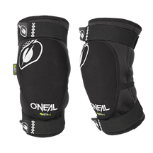A pair of black O'NEAL DIRT knee pads with white logos and text, designed for sports protection, shown from the front and side against a solid color background.