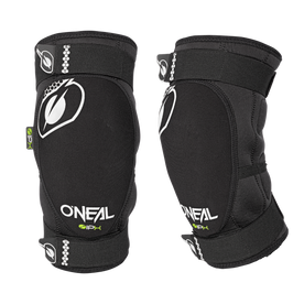 Une paire de genouillères O'NEAL DIRT noires avec des logos et du texte blancs, conçues pour la protection sportive, montrées de face et de côté sur un fond uni.