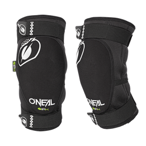 A pair of black O'NEAL DIRT knee pads with white logos and text, designed for sports protection, shown from the front and side against a solid color background.