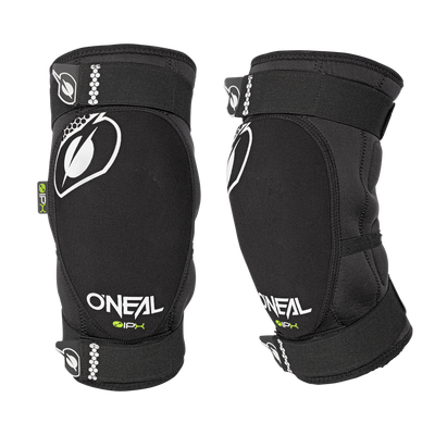 A pair of black O'NEAL DIRT knee pads with white logos and text, designed for sports protection, shown from the front and side against a solid color background.