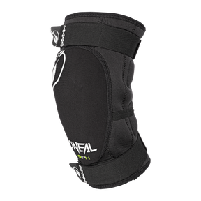 A black O'NEAL DIRT knee pad with adjustable straps and white O'NEAL logo is shown from the side against a solid color background.