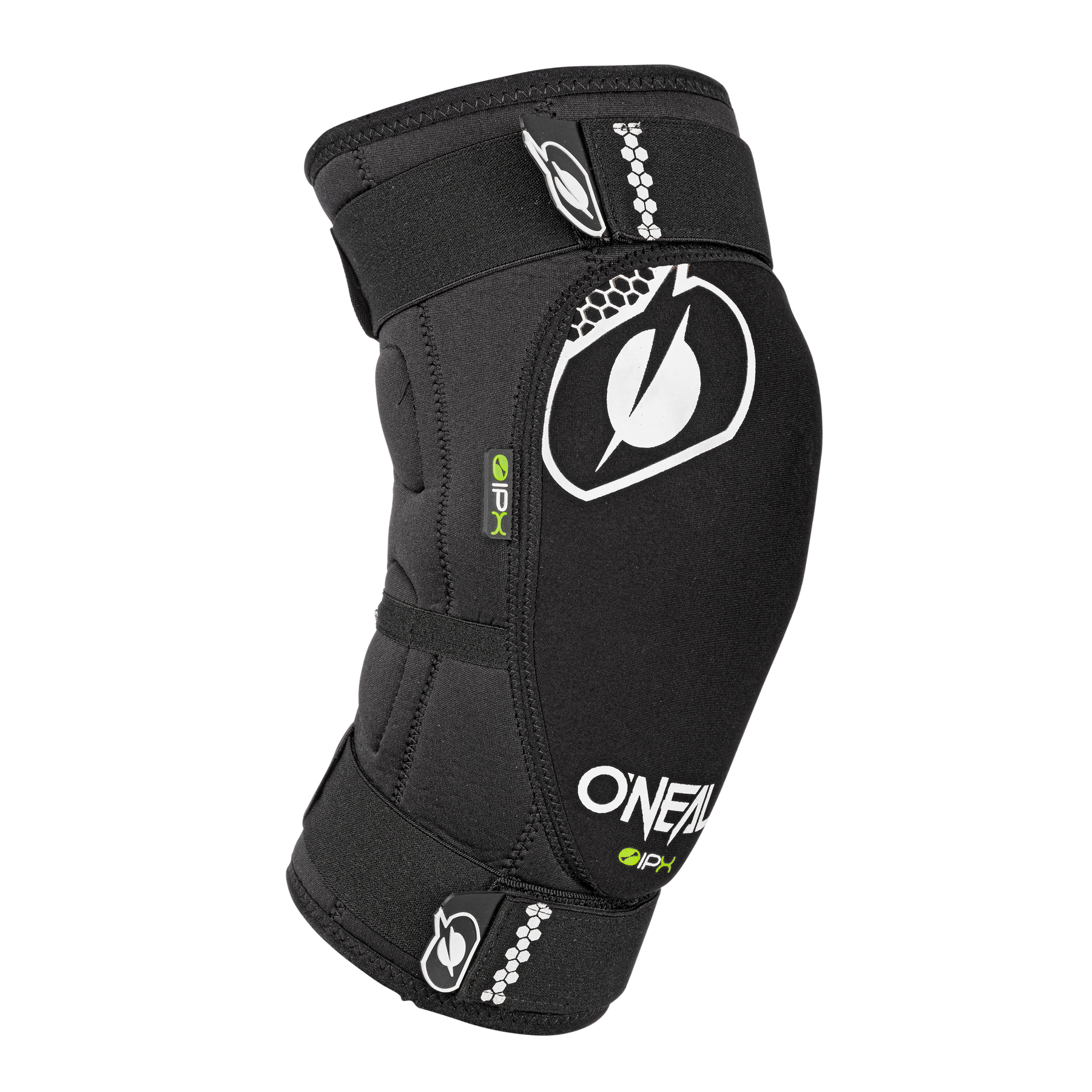 Der O'NEAL DIRT Knieschützer ist ein schwarzer Knieschützer mit weißem Branding, der gepolsterten Schutz, verstellbare Riemen und ein ergonomisches Design bietet - ideal für Sport oder Radfahren.