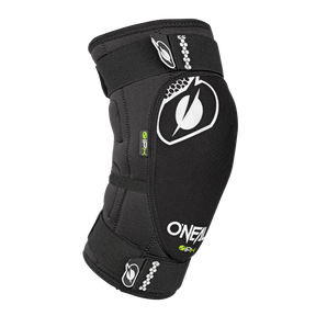 The O'NEAL DIRT Knee Pad is a black knee pad with white branding that offers padded protection, adjustable straps and an ergonomic design - ideal for sports or cycling.