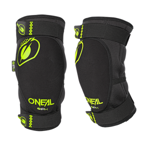 A pair of black O'NEAL DIRT knee pads with neon yellow logos and accents, designed for sports protection, shown from the front and side against a white background.
