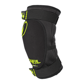 The O'NEAL DIRT knee protector in black and neon yellow, with adjustable straps for sports or biking, is presented against a plain black background.