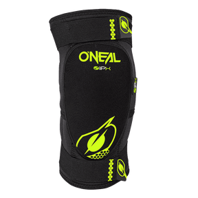 The O'NEAL DIRT Knee Pad is a black knee pad with neon yellow accents and logo, featuring a stylized leaf design and honeycomb pattern on a flexible, ergonomic shell.
