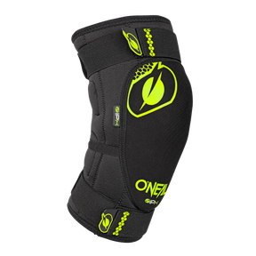 The O'NEAL DIRT knee protector in black and neon yellow with "ONEAL" branding and logo is designed as knee protection for sports or biking and features a plain black background.