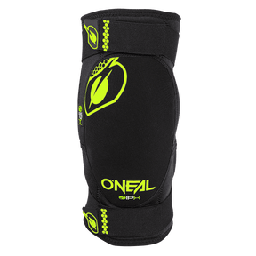 The O'NEAL DIRT knee protector features protective padding, adjustable straps and a black/neon green design with the O'NEAL logo and a leaf graphic on the knee, ideal for safety when playing sports or cycling.
