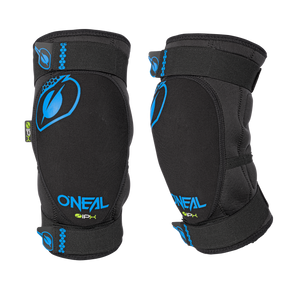 A pair of black O'NEAL DIRT knee pads with blue accents and logos, shown from the front and side on a plain black background, designed for sports or cycling.