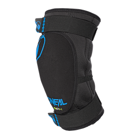The O'NEAL DIRT Knee Pad is a black knee pad with blue accents and O'NEAL branding designed for sports or cycling. It features adjustable straps and an ergonomic, curved shape for comfort and support.