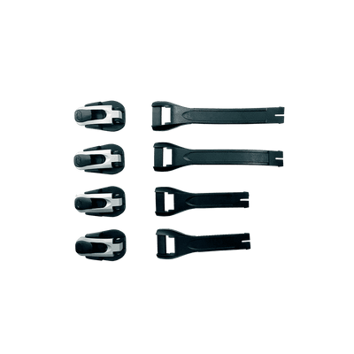 Sechs O'NEAL RMX Boot Full Buckle/Strap Kit Teile mit schwarzen und weißen Schnallen in vertikaler Anordnung auf der linken Seite und schwarzen Riemen auf der rechten Seite werden vor einem einfarbigen grünen Hintergrund dargestellt.
