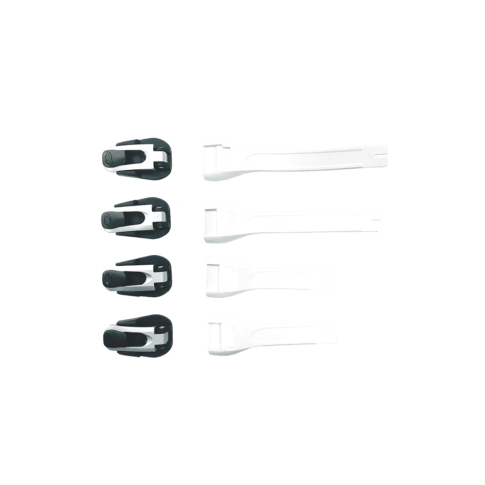 Le kit O'NEAL RMX Bottes - Full Buckle/Strap est représenté sur un fond blanc et montre six boucles blanches et quatre sangles de fermeture noires, ordonnées et vues d'en haut.