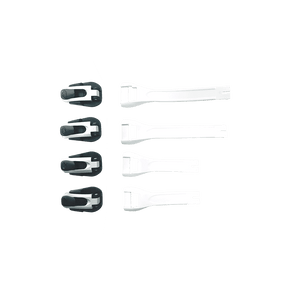 Das O'NEAL RMX Boot - Full Buckle/Strap Kit von O'NEAL ist auf einem weißen Hintergrund abgebildet und zeigt sechs weiße Schnallen und vier schwarze Verschlussriemen, die ordentlich angeordnet und von oben betrachtet werden.