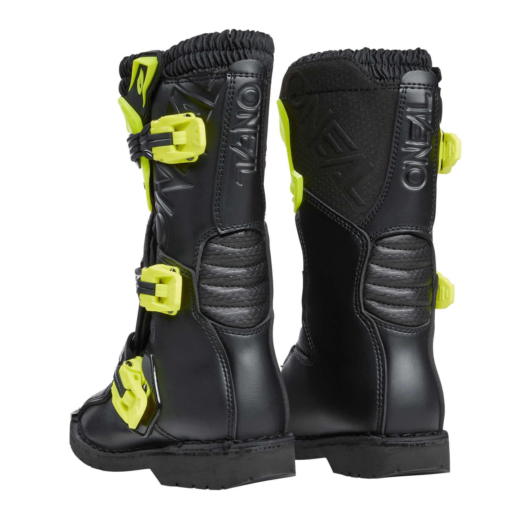Die schwarzen O'NEAL RIDER PRO Stiefel Kinder Motocross-Stiefel, mit leuchtend gelben Schnallen und Akzenten und "O'NEAL"-Branding an den Seiten, werden von hinten und von der Seite gezeigt - ideale Offroad-Stiefel für junge Fahrer.