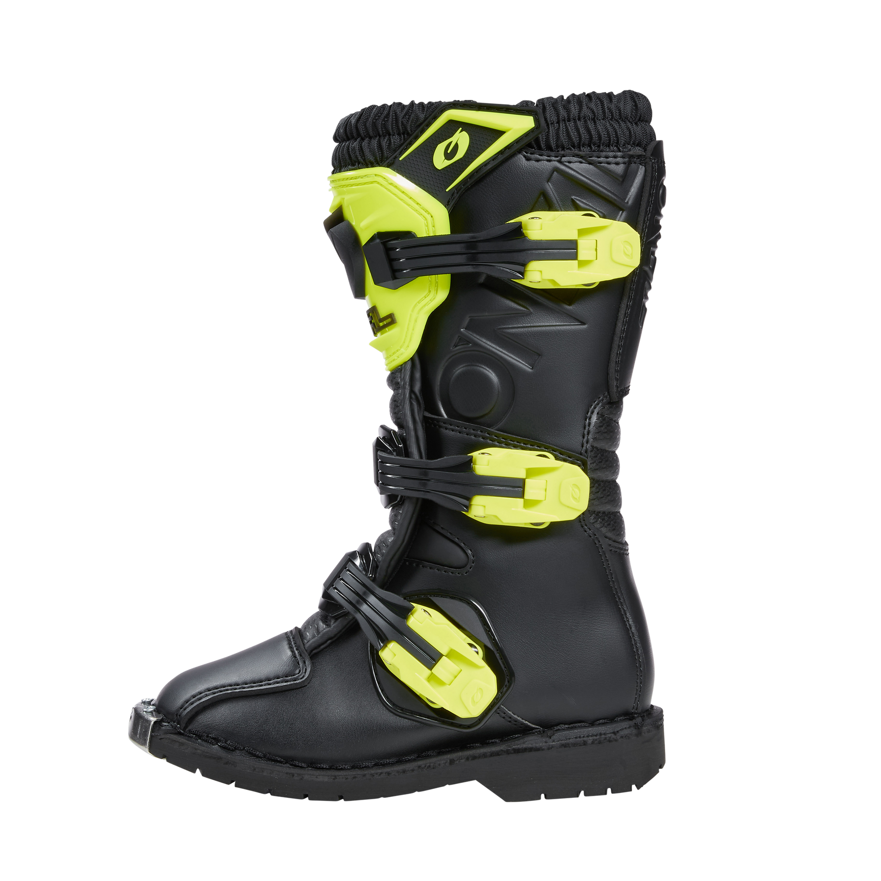Der O'NEAL RIDER PRO Stiefel Kinder ist ein schwarzer Offroad-Stiefel mit neongelben Akzenten und drei sicheren Schnallen. Er verfügt über eine verstärkte Sohle - ideal für Kinder, die Schutz und Stil bei Fahrten im Gelände suchen.