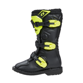 Der O'NEAL RIDER PRO Stiefel Kinder ist ein schwarzer Offroad-Stiefel mit neongelben Akzenten und drei sicheren Schnallen. Er verfügt über eine verstärkte Sohle - ideal für Kinder, die Schutz und Stil bei Fahrten im Gelände suchen.