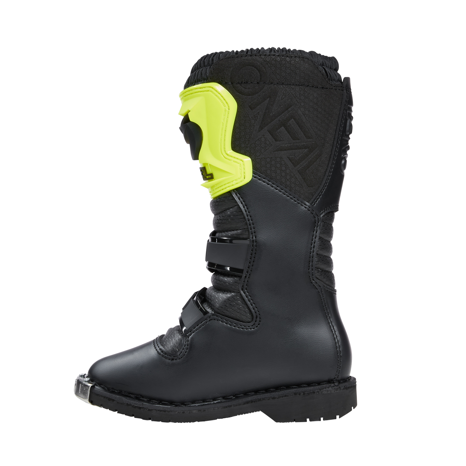 Der O'NEAL RIDER PRO Stiefel Kinder ist ein schwarzer Offroad-Stiefel mit hohem Schaft, Metallkappe und gelbem Schienbeinschutz, der für junge Fahrer entwickelt wurde, die einen dauerhaften Schutz suchen.