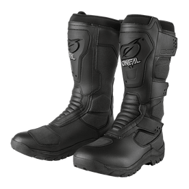 A pair of black O'NEAL SIERRA boots with reinforced inserts, textured soles and O'NEAL logos on the front and side for durability and protection.