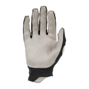 Un O'NEAL PIN IT Slip On Glove en gris avec un bord noir est représenté avec la paume vers le haut, les doigts tendus et le pouce légèrement plié, isolé sur un fond blanc.