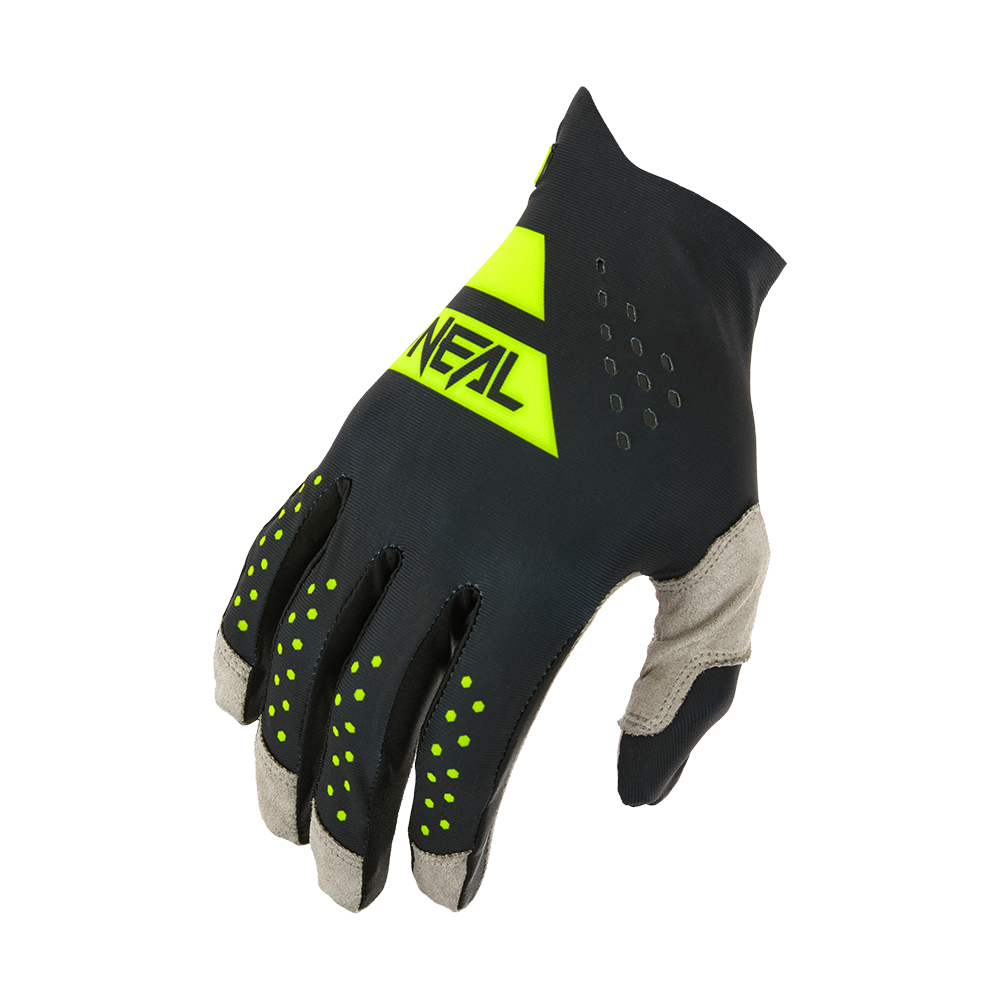 El guante O'NEAL Pin It Slip on Glove es un guante deportivo negro y gris con detalles amarillos, con el logotipo O'NEAL en el dorso de la mano, perforaciones para la ventilación y puños texturizados en los dedos.