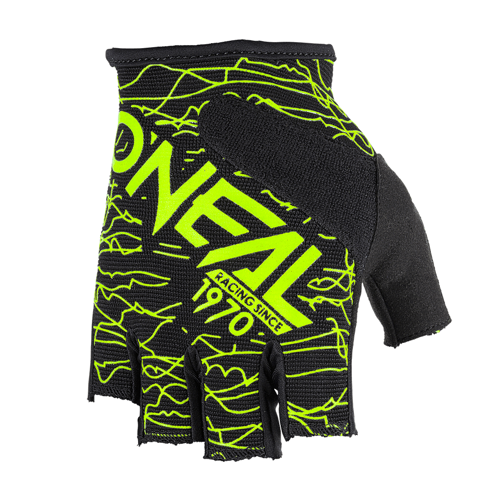 The O'NEAL DROP fingerless glove from O'NEAL is a black glove with bright green graphics and the words "O'Neal Racing Since 1970" on the back. It has a padded thumb area and a Velcro fastener to adjust the fit.