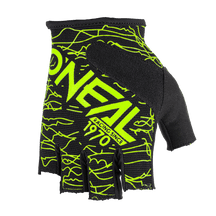 The O'NEAL DROP fingerless glove from O'NEAL is a black glove with bright green graphics and the words "O'Neal Racing Since 1970" on the back. It has a padded thumb area and a Velcro fastener to adjust the fit.