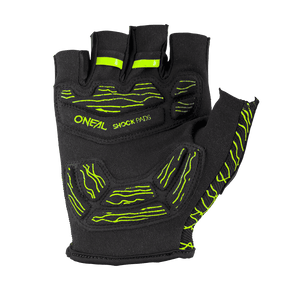 The O'NEAL DROP fingerless glove is a black cycling glove with neon green accents and the words "ONEAL SHOCK PADS" on the back. It impresses with its robust design, improved padding and additional grip functions and is therefore perfect for high-intensity cycling activities.