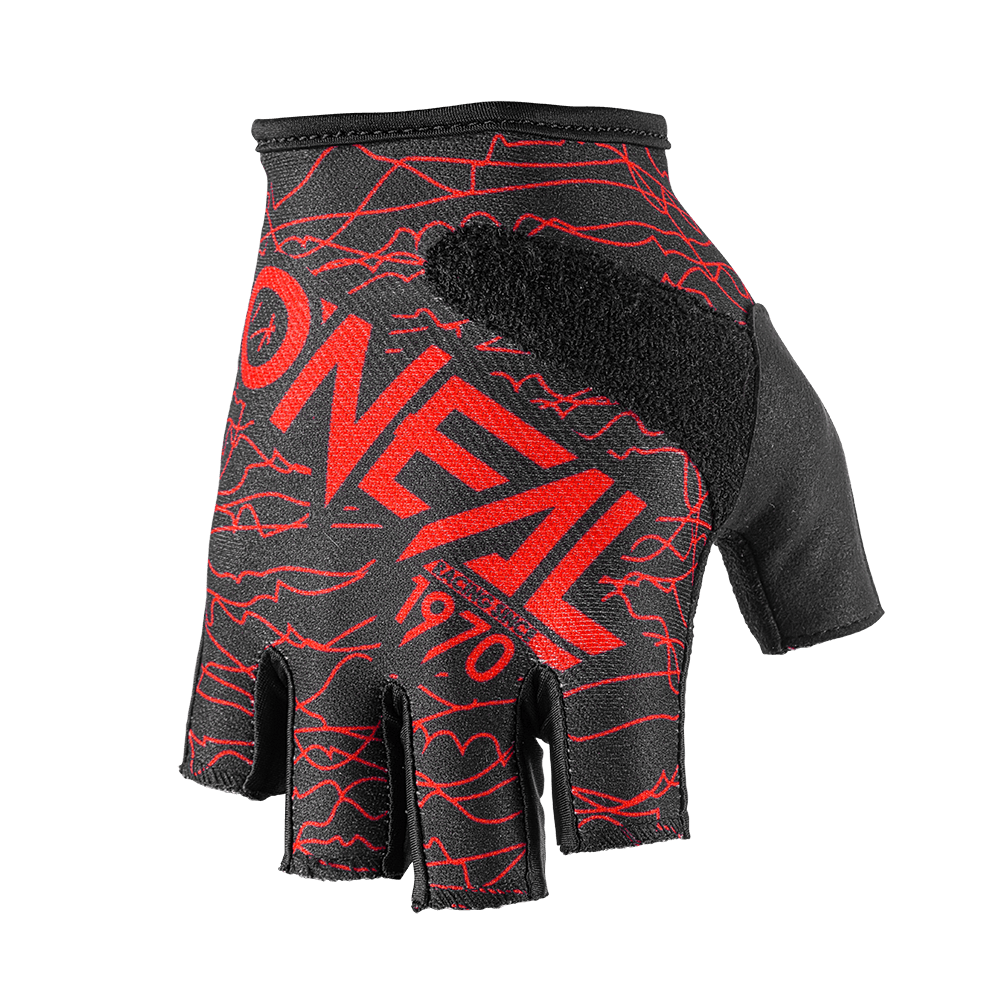 An image of the O'NEAL DROP Fingerless glove, featuring a black design with red accents and the brand name "O'NEAL 1970" printed in red. The glove has a textured palm and a padded area on the back of the hand for added comfort.
