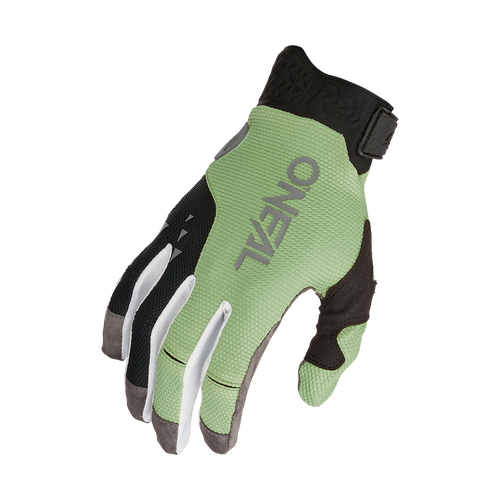Der O'NEAL REVOLUTION Nanofront Handschuh ist ein grün-schwarzer Radsporthandschuh mit dem O'NEAL-Logo auf dem Handrücken, der mit der Handfläche nach unten und ausgestreckten Fingern gezeigt wird - ideal als MTB- oder MX-Handschuh.