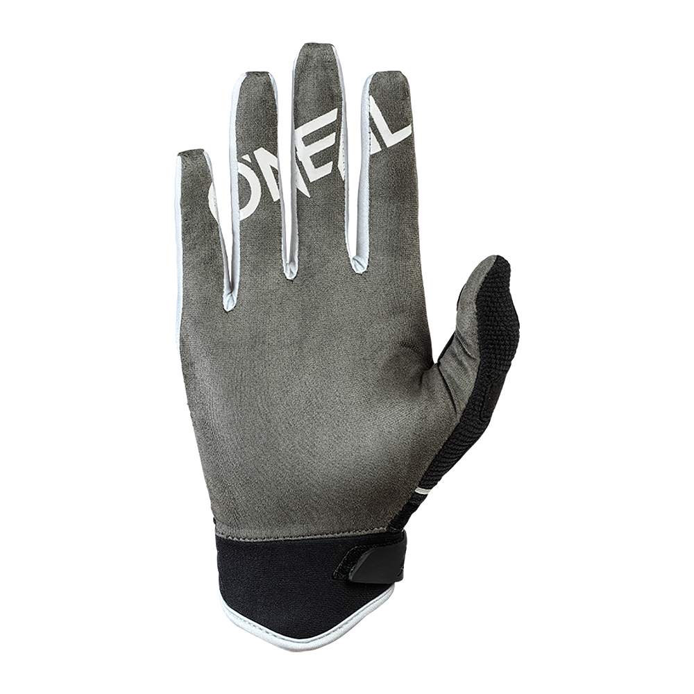 Ein einzelner grauer und schwarzer O'NEAL REVOLUTION Nanofront Handschuh, mit dem Schriftzug "O'NEAL" in weißer Schrift auf der Rückseite, mit der Handfläche nach unten auf weißem Hintergrund dargestellt.