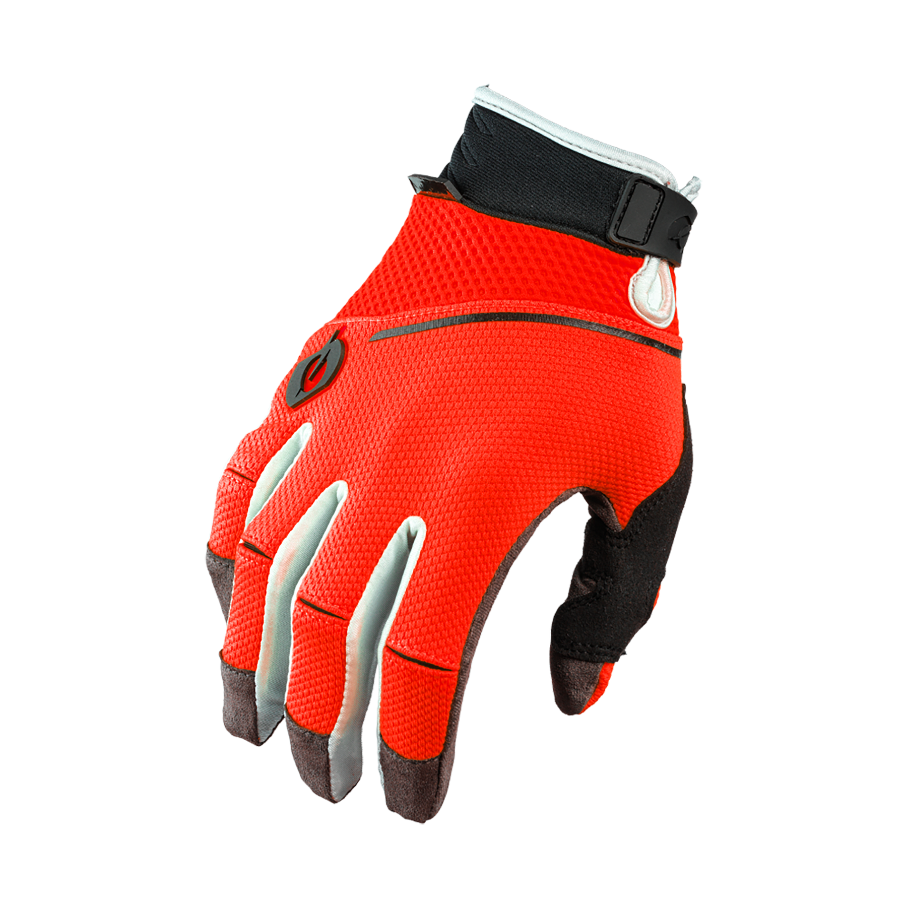 Der O'NEAL REVOLUTION Nanofront Handschuh ist ein rot-schwarzer Radhandschuh mit weißen Akzenten, einem Klettverschluss am Handgelenk und atmungsaktivem Mesh auf dem Handrücken - perfekt als MTB-Handschuh für Trail-Fahrer.