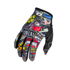El guante O'NEAL Mayhem CRANK de O'NEAL es un guante de motocross duradero con arte de graffiti, una cara de mujer con labios rojos, gráficos vibrantes en negro, dedos negros y costuras blancas para un estilo llamativo y durabilidad.