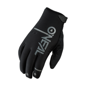 The O'NEAL WINTER WP glove is a black motocross glove with silver "O'NEAL" lettering on the back of the hand, with a touchscreen-compatible index fingertip and a textured grip patch on the wrist.