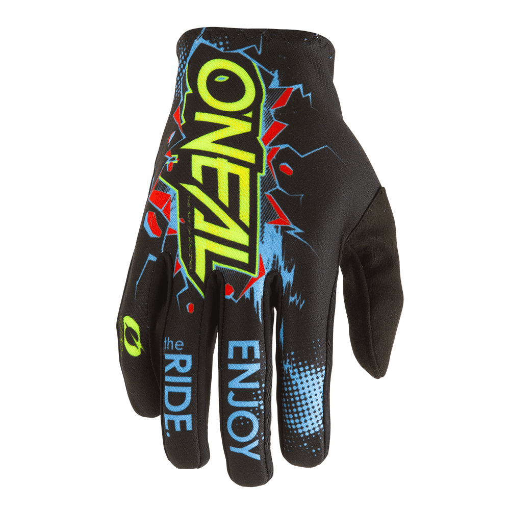 Der O'NEAL MATRIX Handschuh VILLAIN ist ein schwarzer Mountainbike-Handschuh mit gelb-grünem "ONEAL"-Schriftzug auf dem Handrücken, blauen und roten Grafik-Akzenten und "ENJOY THE RIDE"-Aufdruck auf den Fingern - ideal für die nächste Ausfahrt.