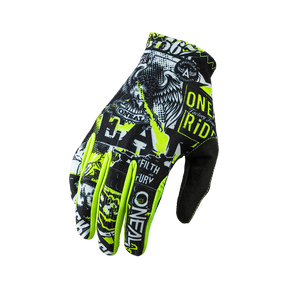 Der O'NEAL MATRIX Handschuh Kinder ATTACK ist ein schwarzer Kinderhandschuh mit neongelben Akzenten und dynamischen Motiven, darunter ein Adler und die Worte "ONE", "FILTH" und "FURY" - die ideale Motorsport-Ausrüstung von O'NEAL.