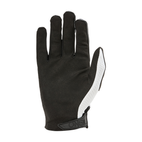 Der O'NEAL MATRIX Glove ROLLER ist ein schwarzer Handschuh mit einem weißen Streifen auf der Handfläche und einem Klettverschluss am Handgelenk mit der Aufschrift "O'NEAL", der mit der Handfläche nach unten gezeigt wird.