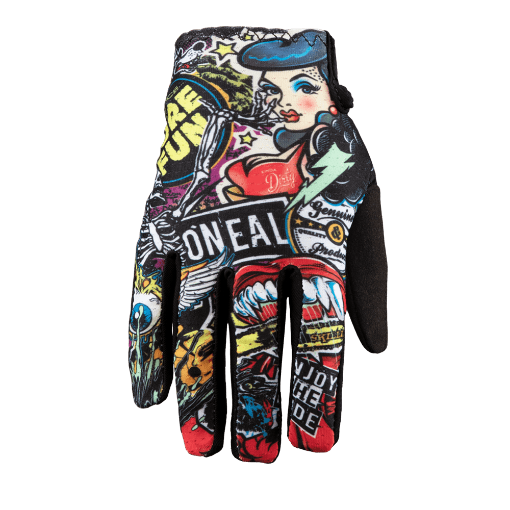 Le gant O'NEAL MATRIX Kinder CRANK, un gant à doigts complets de O'NEAL, présente des graphiques colorés de style tatouage - des pin-up, des flammes, des têtes de mort et des textes gras comme "O'NEAL" et "ENJOY THE RIDE" - qui sont montrés la paume vers le haut.