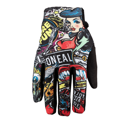 El guante O'NEAL Matrix para niños CRANK, un guante de dedo entero de O'NEAL, presenta coloridos gráficos de estilo tatuaje -chicas pin-up, llamas, calaveras y textos en negrita como 