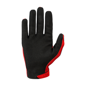 Ein einzelner schwarzer O'NEAL MATRIX Handschuh STACKED mit roter Verzierung an der Seite, mit der Handfläche nach unten und ausgestreckten Fingern vor weißem Hintergrund.