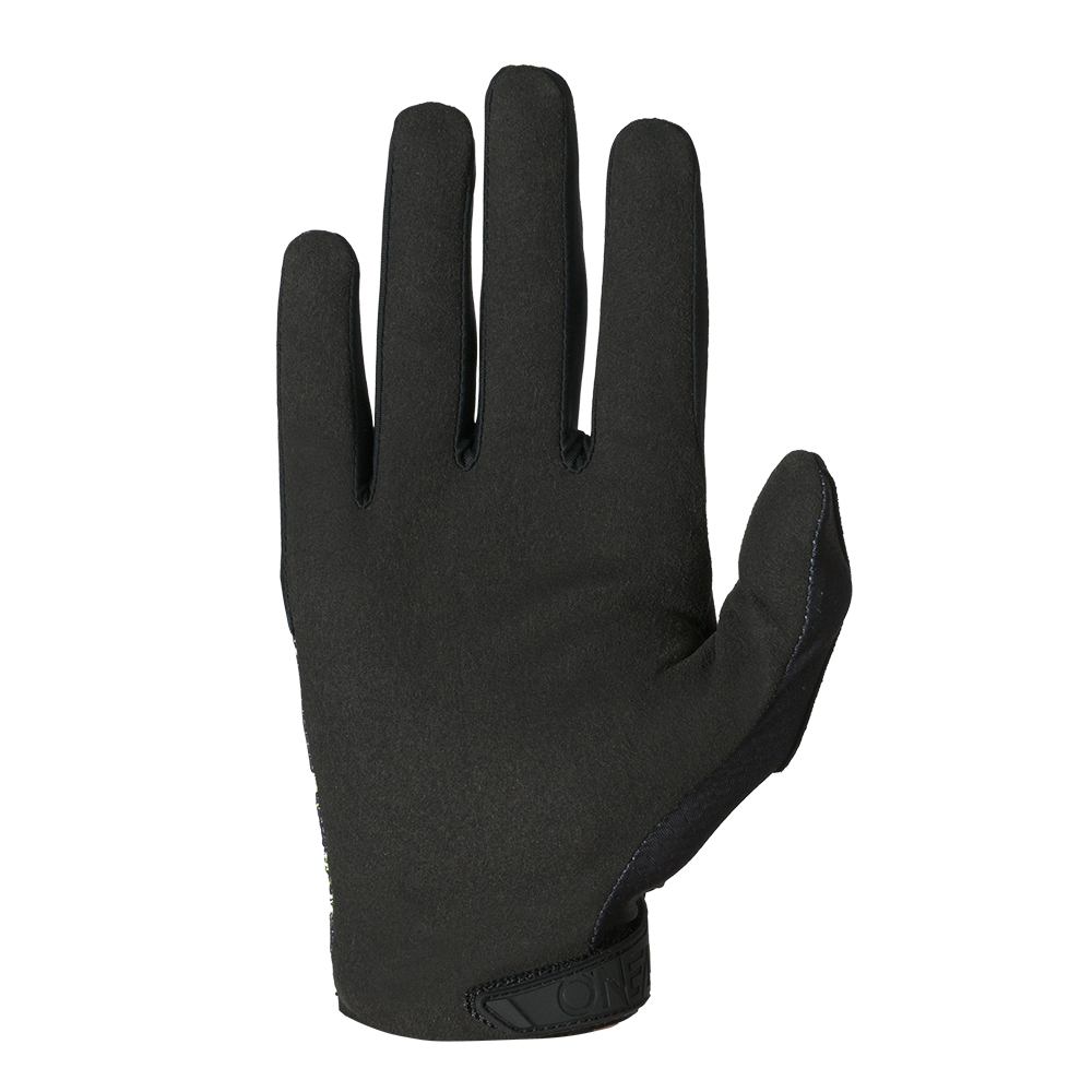 Le gant O'NEAL MATRIX Youth Glove RANCID est représenté avec la paume vers le haut sur un fond blanc. Il a une surface noire légèrement texturée et des doigts ajustés avec un design simple.