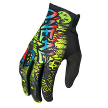 The O'NEAL MATRIX Youth Glove RANCID by O'NEAL has a black palm and eye-catching graffiti graphics in yellow, green, blue and red with bold lettering for a vibrant look.