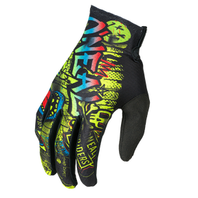 The O'NEAL MATRIX Youth Glove RANCID by O'NEAL has a black palm and eye-catching graffiti graphics in yellow, green, blue and red with bold lettering for a vibrant look.