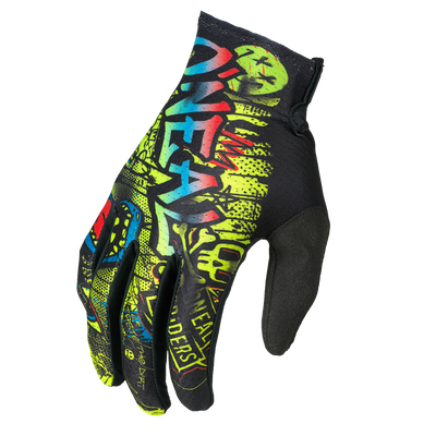 The O'NEAL MATRIX Youth Glove RANCID by O'NEAL has a black palm and eye-catching graffiti graphics in yellow, green, blue and red with bold lettering for a vibrant look.