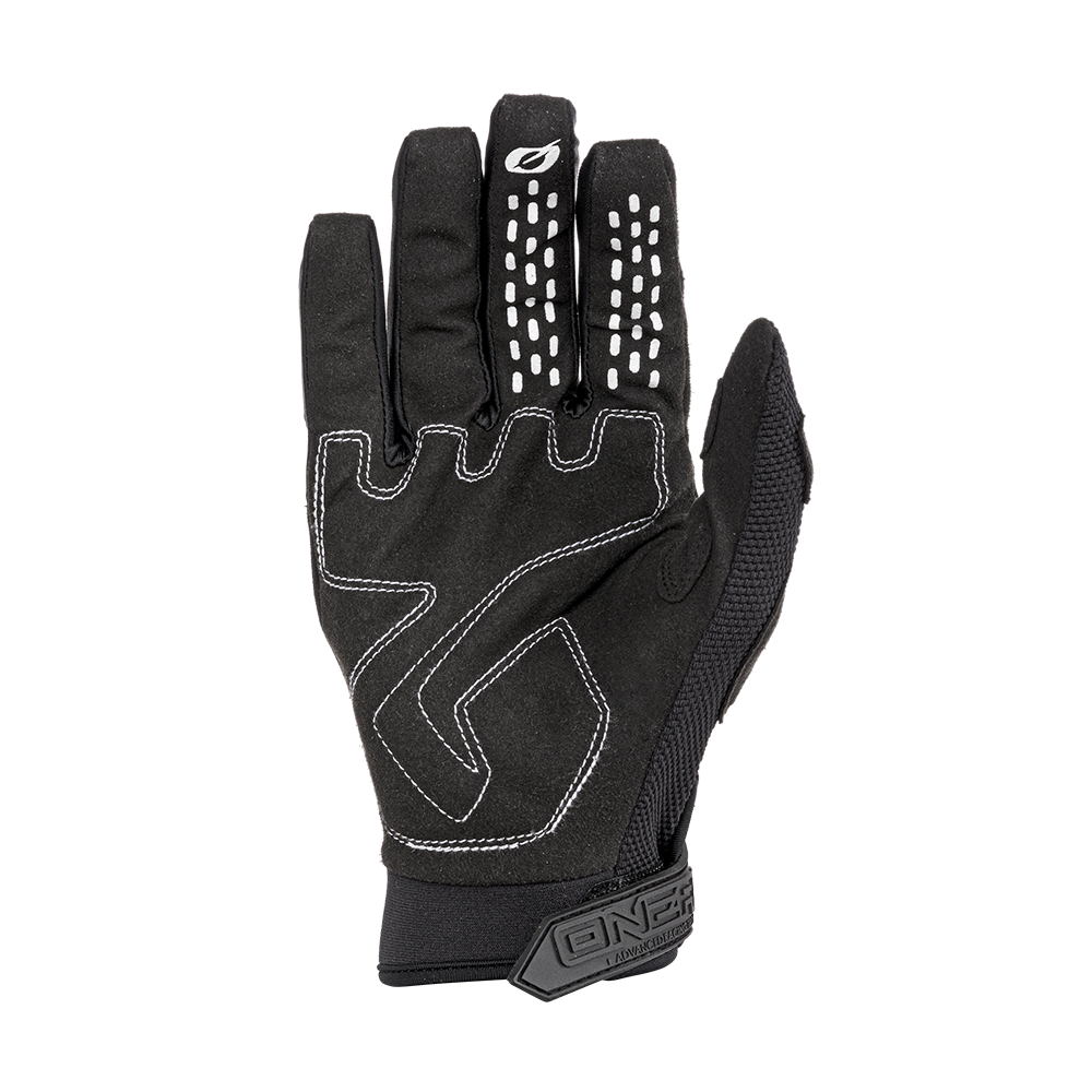 Der O'NEAL HARDWEAR Handschuh IRON ist ein schwarzer O'NEAL-Handschuh mit weißen Nähten, weißen Griffpunkten an den Fingern und einem Klettverschluss am Handgelenk - perfekt als MTB-Handschuh - mit der Handfläche nach vorne.