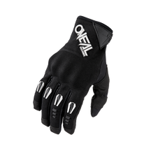 A black O'NEAL HARDWEAR glove IRON with white logo on the back and silver knuckle protectors, shown palm down on a white background.