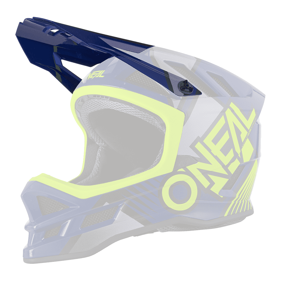 Der O'NEAL Visor BLADE Polyacrylite Helm DELTA ist ein Motocross-Vollvisierhelm in Blau, Grau und Neongelb mit dem Schriftzug "O'NEAL" an der Seite. Er verfügt über ein aerodynamisches Design und mehrere Belüftungsöffnungen.