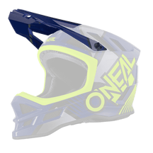 Der O'NEAL Visor BLADE Polyacrylite Helm DELTA ist ein Motocross-Vollvisierhelm in Blau, Grau und Neongelb mit dem Schriftzug "O'NEAL" an der Seite. Er verfügt über ein aerodynamisches Design und mehrere Belüftungsöffnungen.